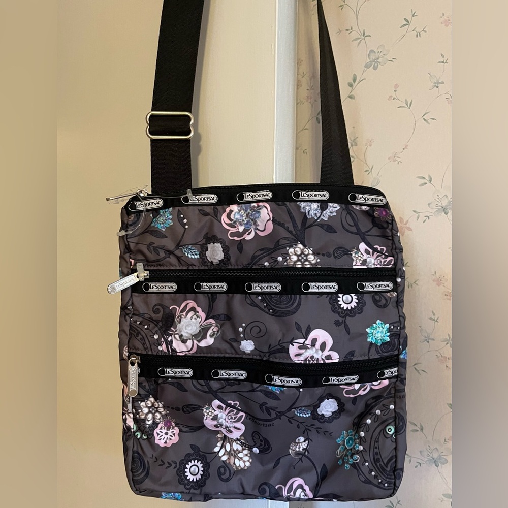 LeSportsac New Crossbody Bag, 3 zip, Dark Grey background